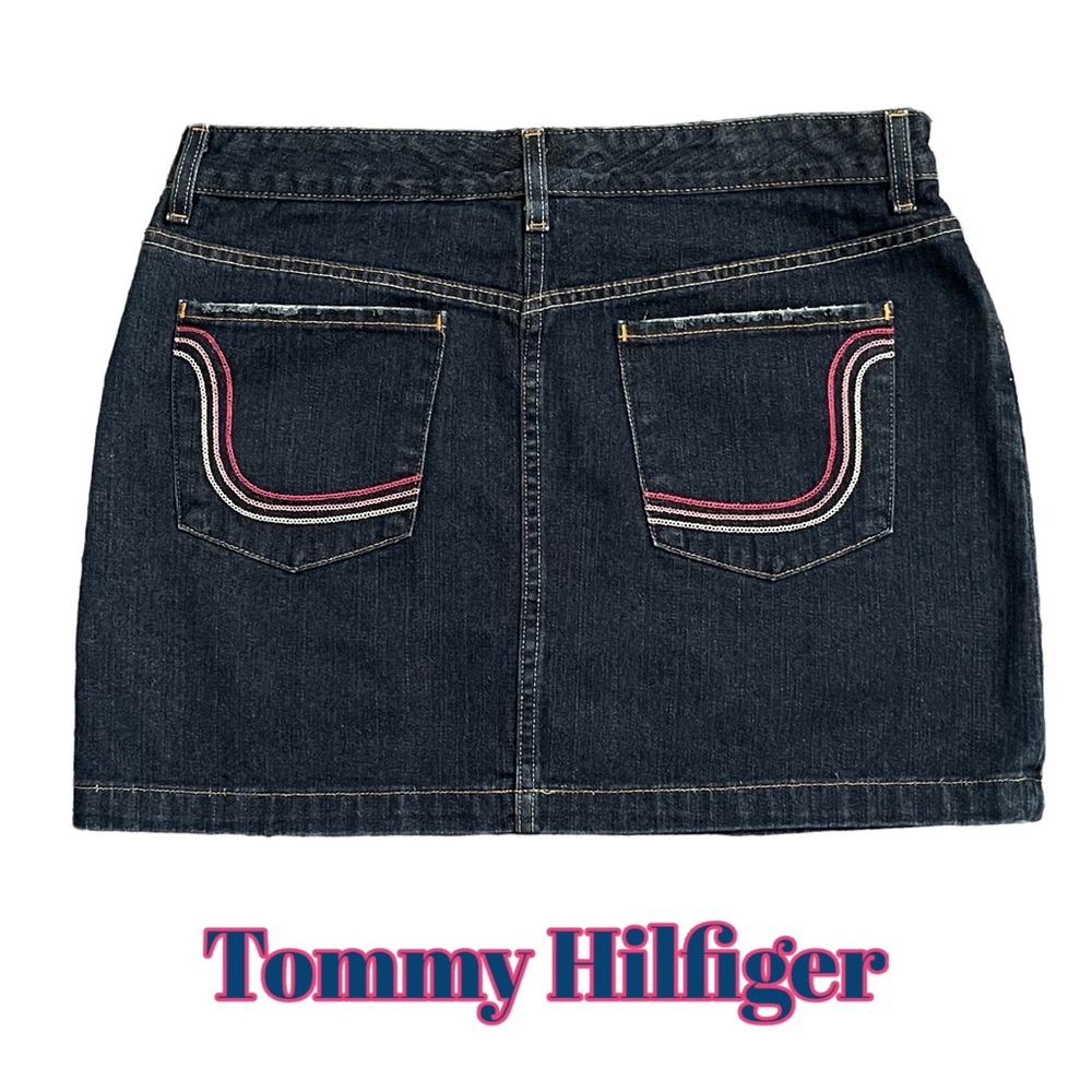 Tommy Hilfiger Distressed Denim Dark Wash Jean Mini Skirt Size 14 - Picture 3 of 14